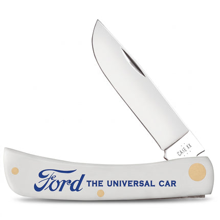 Razor Sharp AZ Case Ford Sod Buster Jr pocketknife with a smooth white synthetic handle and mirror-polished steel blade