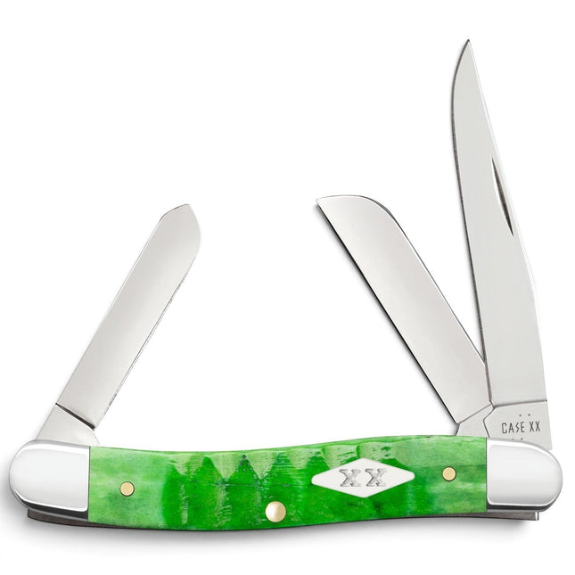 Razor Sharp AZ Case Gator Jigged Bright Green Bone Medium Stockman pocket knife with three polished steel blades.