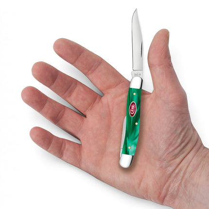 Razor Sharp AZ Case Smooth Green Pearl Kirinite medium jack knife with stainless steel blade held in a hand