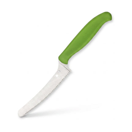 Razor Sharp AZ Spyderco Z-Cut kitchen knife with a green handle, serrated blade, and blunt tip for safe food prep.