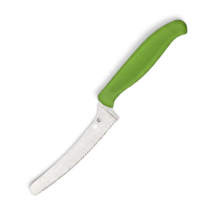 Razor Sharp AZ Spyderco Z-Cut kitchen knife with a green handle, serrated blade, and blunt tip for safe food prep.