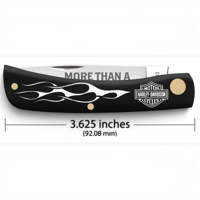 Razor Sharp AZ Case x Harley-Davidson Sod Buster Jr pocket knife with black synthetic handle and white flame graphics.