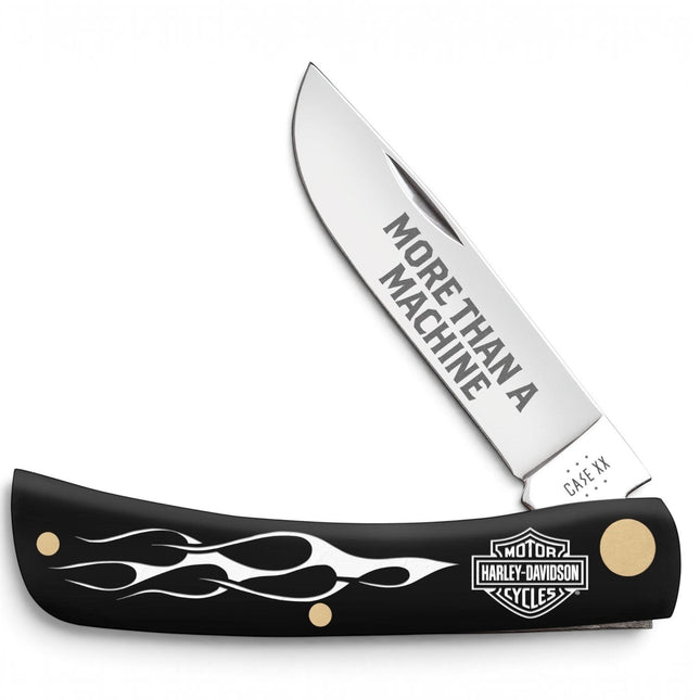 Razor Sharp AZ Case x Harley-Davidson Sod Buster Jr pocket knife with black handle, white flames, and etched blade.