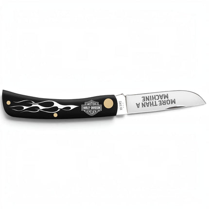 Razor Sharp AZ Case x Harley-Davidson Sod Buster Jr pocket knife with black synthetic handle, white flames, and logo.