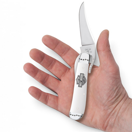 Razor Sharp AZ Harley-Davidson RussLock folding knife with white synthetic handle and mirror-polished clip blade.