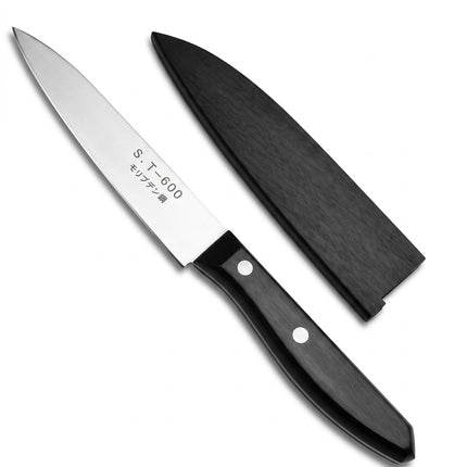 Razor Sharp AZ 103mm Japanese fruit knife with stainless steel blade, black plywood handle, and matching wooden sheath.