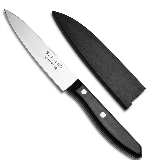 Razor Sharp AZ 103mm Japanese fruit knife with stainless steel blade, black plywood handle, and matching wooden sheath.