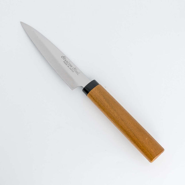 Razor Sharp AZ Japanese paring knife with stainless steel blade and wild cherry wood handle, made in Japan.