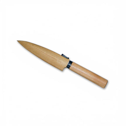 Razor Sharp AZ Japanese paring knife with wild cherry wood handle and wooden sheath. Sharp point blade.