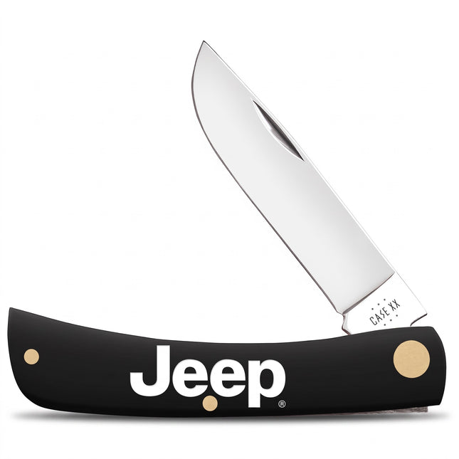 Razor Sharp AZ Case Jeep Sod Buster Jr pocketknife with a smooth black synthetic handle and mirror-polished blade