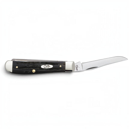 Razor Sharp AZ Case Mini Trapper pocket knife with a dark jigged buffalo horn handle and polished steel blades.