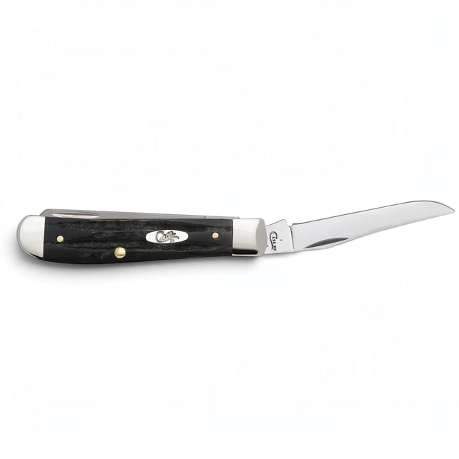 Razor Sharp AZ Case Mini Trapper pocket knife with a dark jigged buffalo horn handle and polished steel blades.