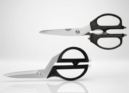 Razor Sharp AZ Kai 2pc Shears Set: kitchen shears with offset handle and KA7300 multi-purpose shears with built-in tools. Stainless steel blades.