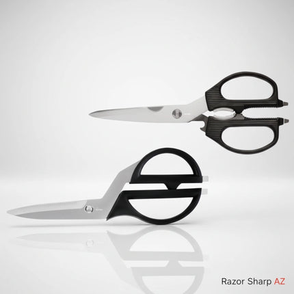 Razor Sharp AZ Kai 2pc Shears Set: kitchen shears with offset handle and KA7300 multi-purpose shears with built-in tools. Stainless steel blades.
