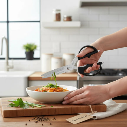 Razor Sharp AZ Kai 2pc Shears Set, stainless steel kitchen and multi-purpose shears with black handles, cutting chives over pasta.