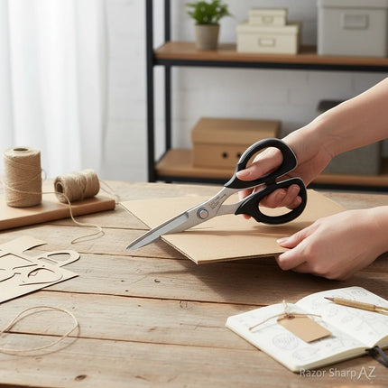 Razor Sharp AZ Kai 7150 6-inch scissors with high-carbon stainless steel blades and black elastomer handles cutting cardboard.