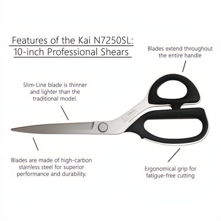 Razor Sharp AZ Kai 7250SL 10-inch professional shears with slim-line high-carbon stainless steel blades and ergonomic grip.