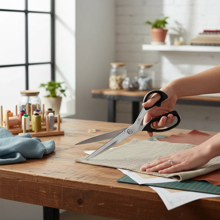 Razor Sharp AZ Kai 7280 11-inch professional shears with stainless steel blades cutting fabric on a wooden table.