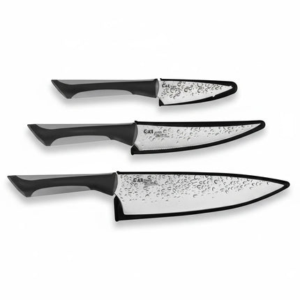 Razor Sharp AZ Kai Luna 3 Piece Set: Chef, Utility, and Paring knives with black ergonomic handles and textured stainless steel blades.