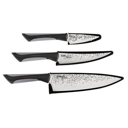 Razor Sharp AZ Kai Luna 3 Piece Set: Chef, Utility, & Paring knives with hammered stainless steel blades and black ergonomic handles.