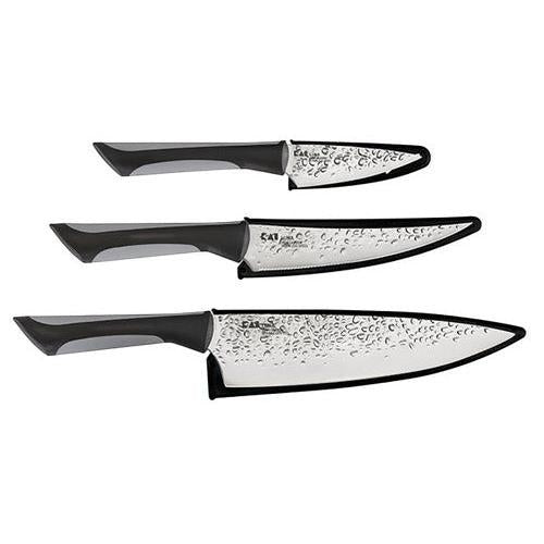 Razor Sharp AZ Kai Luna 3 Piece Set: Chef, Utility, & Paring knives with hammered stainless steel blades and black ergonomic handles.