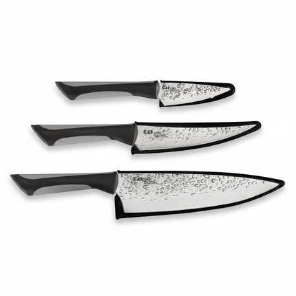 Razor Sharp AZ Kai Luna 3 Piece Set: Chef, Utility, and Paring knives with hammered finish blades and black ergonomic handles.