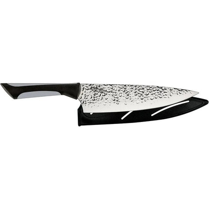 Razor Sharp AZ Kai Luna 8-inch chef's knife with hammered finish blade and black ergonomic handle, includes black sheath.