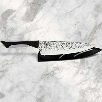 Razor Sharp AZ Kai Luna 8-inch chef's knife with hammered finish blade and black ergonomic handle, includes black sheath.