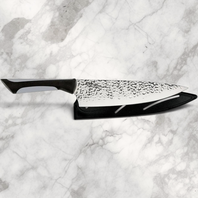 Razor Sharp AZ Kai Luna 8-inch chef's knife with hammered finish blade and black ergonomic handle, includes black sheath.
