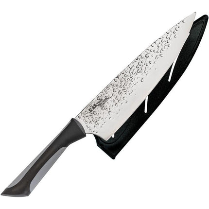 Razor Sharp AZ Kai Luna 8" chef's knife with hammered stainless steel blade and black ergonomic handle.