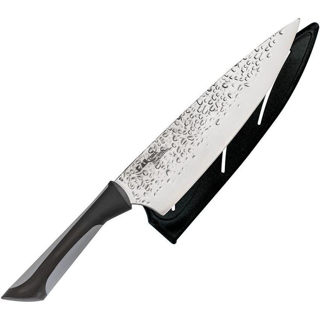 Razor Sharp AZ Kai Luna 8" chef's knife with hammered stainless steel blade and black ergonomic handle.