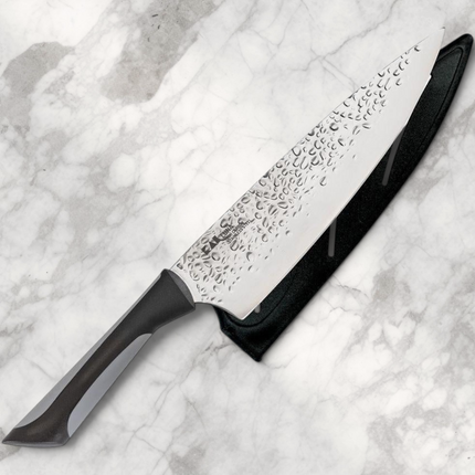 Razor Sharp AZ Kai Luna 8" chef's knife with hammered stainless steel blade and black ergonomic handle.