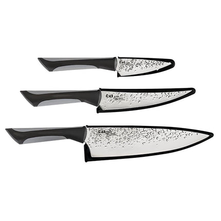 Razor Sharp AZ Kai Luna 3 Piece Set: Chef, Utility, and Paring knives with textured stainless steel blades and black ergonomic handles.