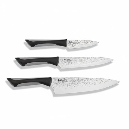 Razor Sharp AZ Kai Luna 3 Piece Set: Chef, Utility, & Paring knives with hammered stainless steel blades and black ergonomic handles.