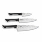 Razor Sharp AZ Kai Luna 3 Piece Set: Chef, Utility, & Paring knives with hammered stainless steel blades and black ergonomic handles.
