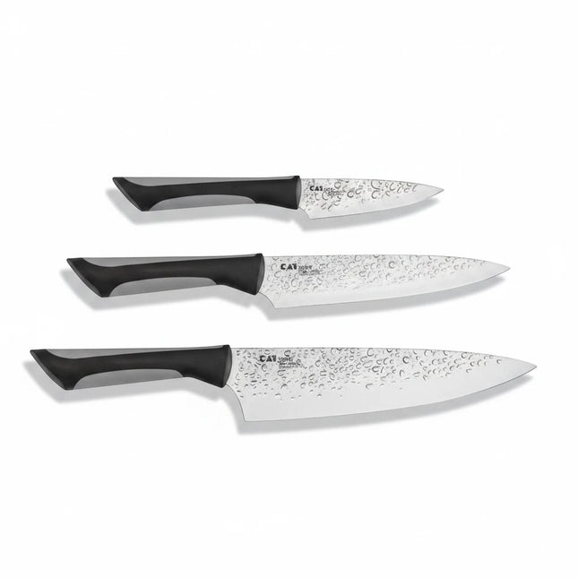 Razor Sharp AZ Kai Luna 3 Piece Set: Chef, Utility, & Paring knives with hammered stainless steel blades and black ergonomic handles.