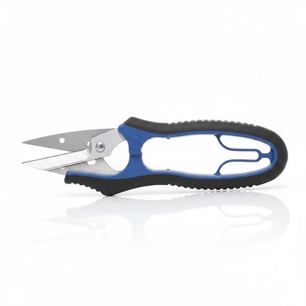 Razor Sharp AZ Kai N5125 thread snips with blue and black ergonomic soft grip handles and sharp steel blades for precise snipping.