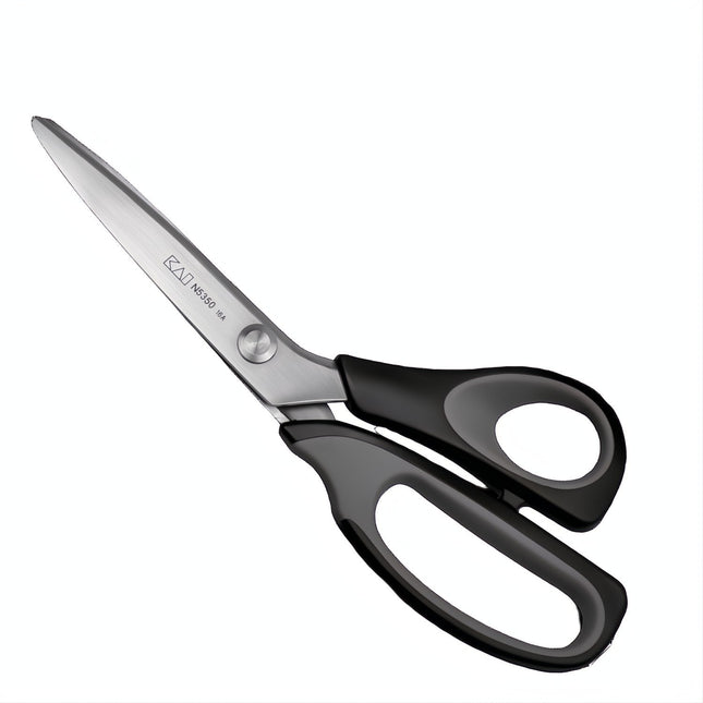 Razor Sharp AZ KAI N5350 9 1/4" pinking scissors with stainless steel blades and black soft-grip handles.