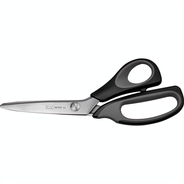 Razor Sharp AZ KAI N5350 9 1/4" pinking shears with stainless steel blades and black soft-grip handles.