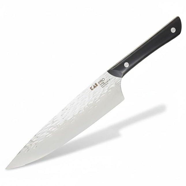 Razor Sharp AZ Kai PRO 8-inch Chef's Knife with hammered Tsuchime finish blade and black POM handle. Japanese AUS6M steel.