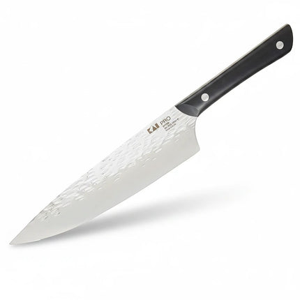 Razor Sharp AZ Kai PRO 8-inch Chef's Knife with hammered Tsuchime finish blade and black POM handle.
