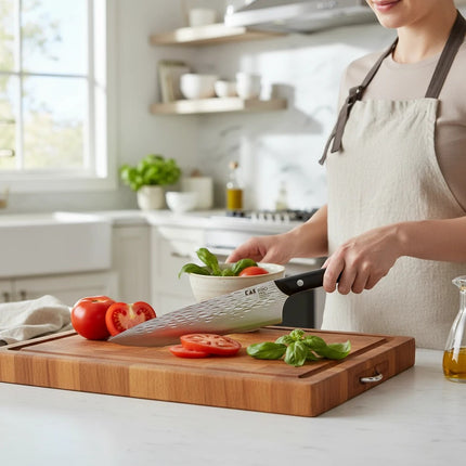 Razor Sharp AZ Kai PRO 8-inch Chef's Knife with hammered Tsuchime finish, forged in Japan from AUS6M stainless steel.