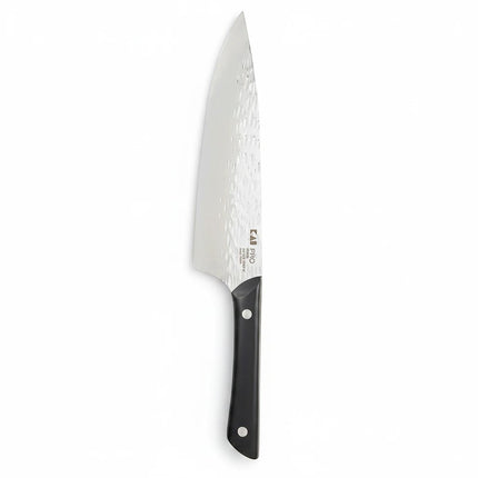 Razor Sharp AZ Kai PRO 8-inch Chef's Knife with hammered Tsuchime finish blade and black POM handle.