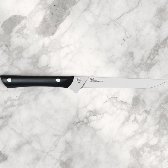 Razor Sharp AZ Kai Pro by Shun 6-inch flexible fillet knife with stainless steel blade and black riveted POM handle.