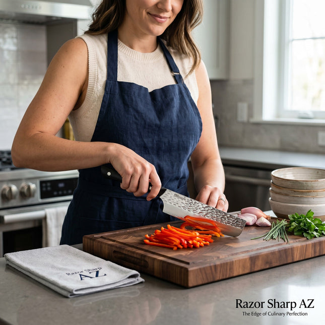 Razor Sharp AZ Kai Pro 6" Nakiri knife with hammered stainless steel blade and black POM handle.