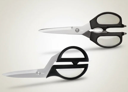 Razor Sharp AZ Kai 2pc Shears Set with stainless steel blades and black non-slip handles. One pair is offset for kitchen use, the other is multi-purpose.