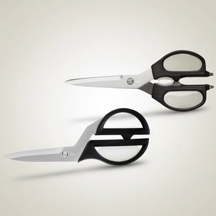 Razor Sharp AZ Kai 2pc Shears Set with stainless steel blades and black non-slip handles. One pair is offset for kitchen use, the other is multi-purpose.