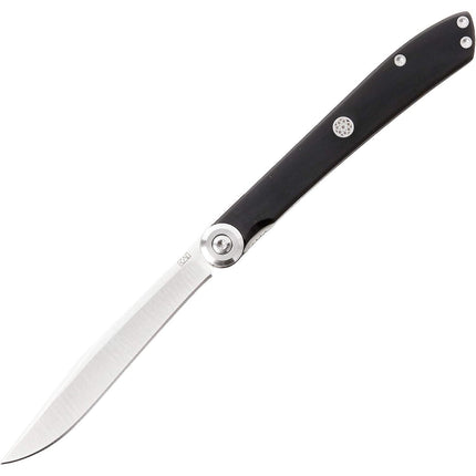 Razor Sharp AZ Kai Personal Steak Knife, black handle, stainless steel blade, folding design with decorative crest. Limited Edition.