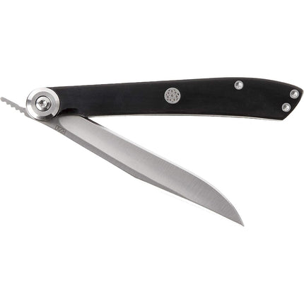 Razor Sharp AZ Kai Personal Steak Knife, black marble handle, stainless steel blade with serrated edge detail.
