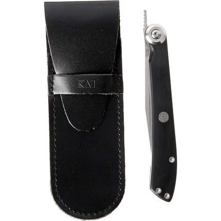 Razor Sharp AZ Kai Personal Steak Knife, black marble handle, stainless steel blade, with leather sheath.